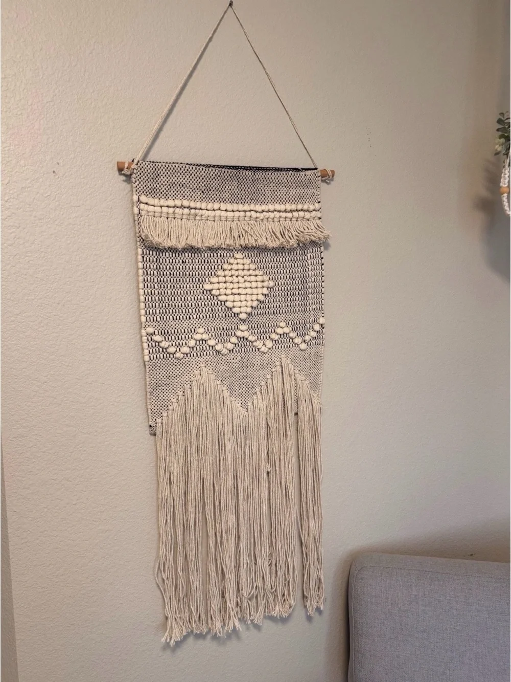 Boho Macrame Cream Textured Macrame Tapestry with Fringe